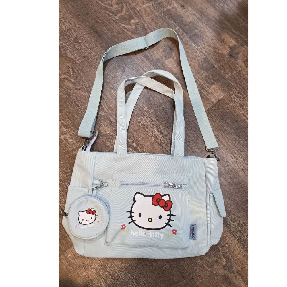 SHUMUO Hello Kitty Character Light Blue Canvas Messenger Bag with Detachable Po…